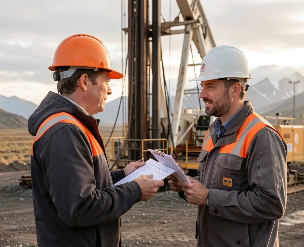 Ingenieros de petróleo revisando documentos en campo