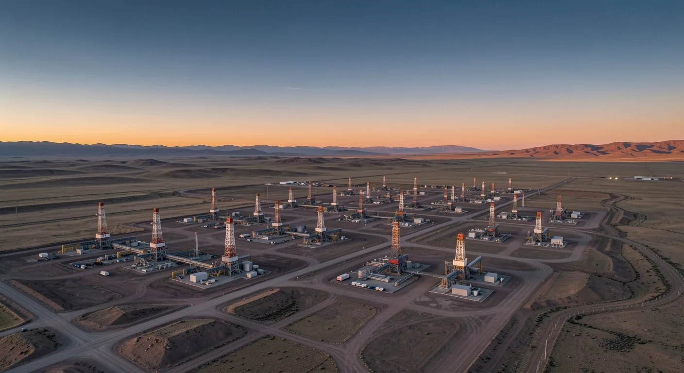 Campo petrolero en Vaca Muerta al atardecer