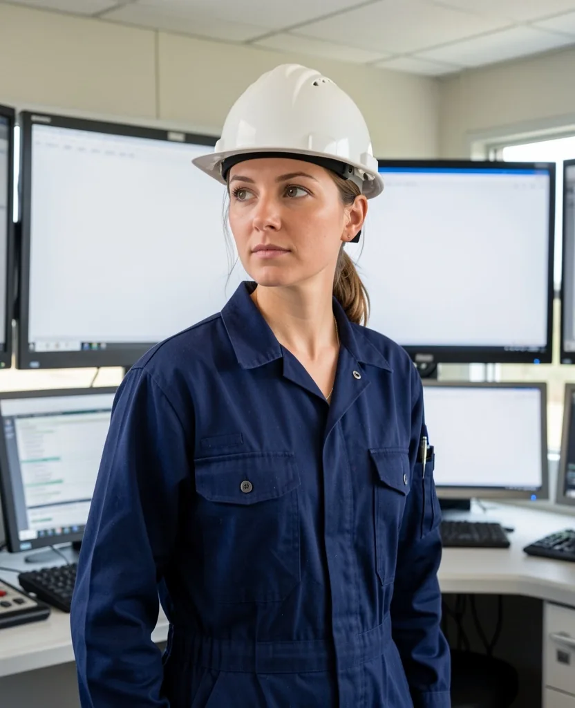 Ingeniera de petróleo en sala de control de campo