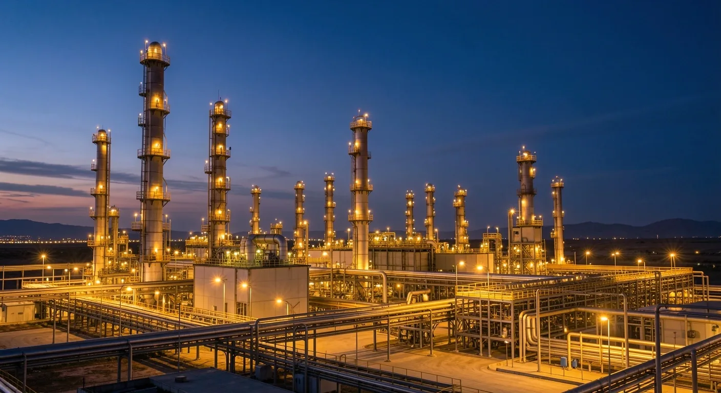 Refinería de petróleo en Argentina al anochecer