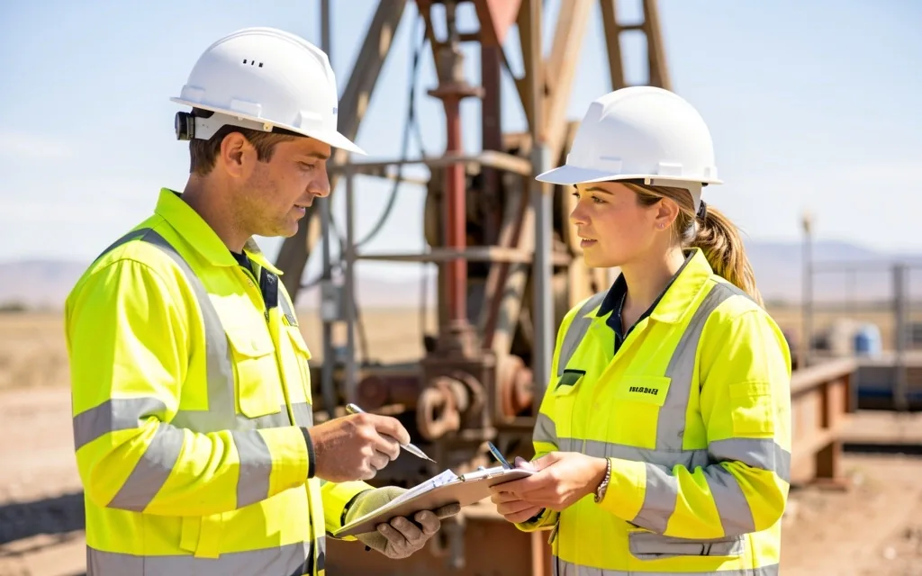Ingenieros de petróleo revisando documentación técnica en campo