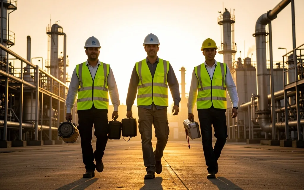 Trabajadores petroleros caminando por instalación industrial al amanecer