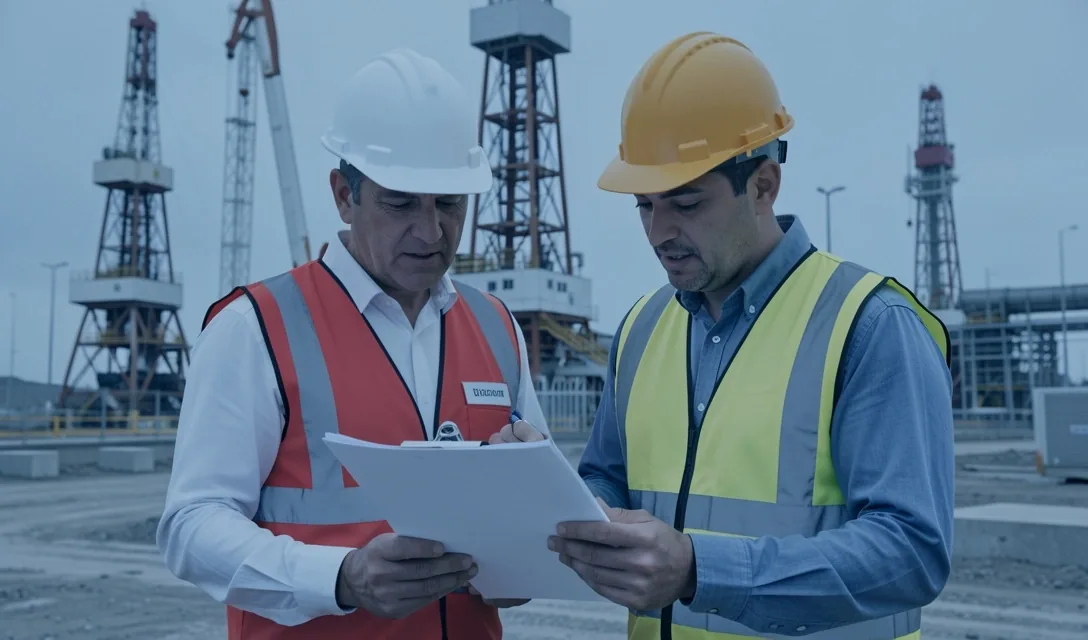 Ingenieros de petróleo revisando documentación técnica en campo