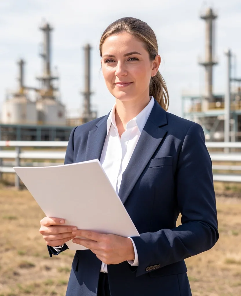 Especialista del sector petrolero revisando documentación en un yacimiento