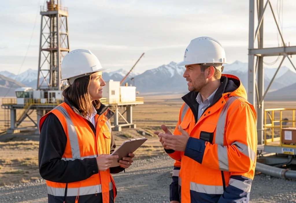 Ingeniero petrolero revisando documentación en plataforma de perforación