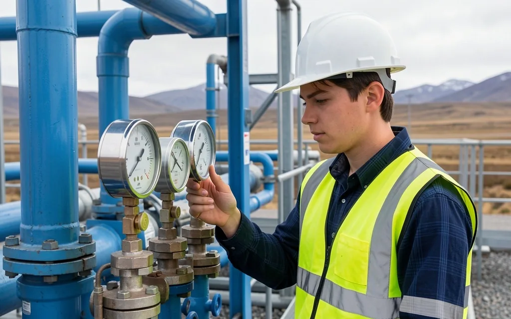 Técnico inspeccionando manómetros en planta de procesamiento de gas