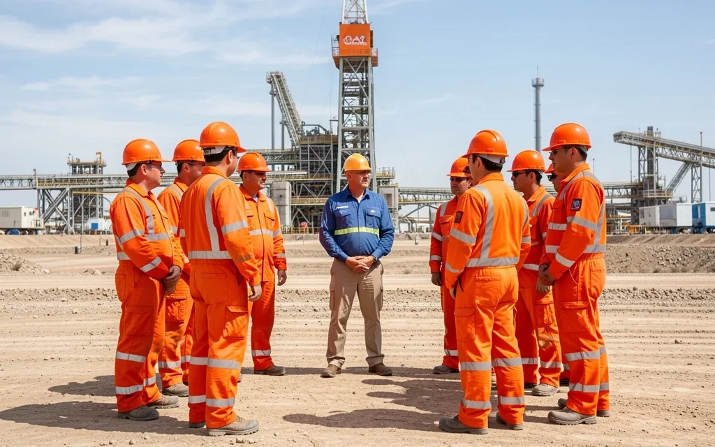 Trabajadores petroleros en charla de seguridad en sitio de perforación
