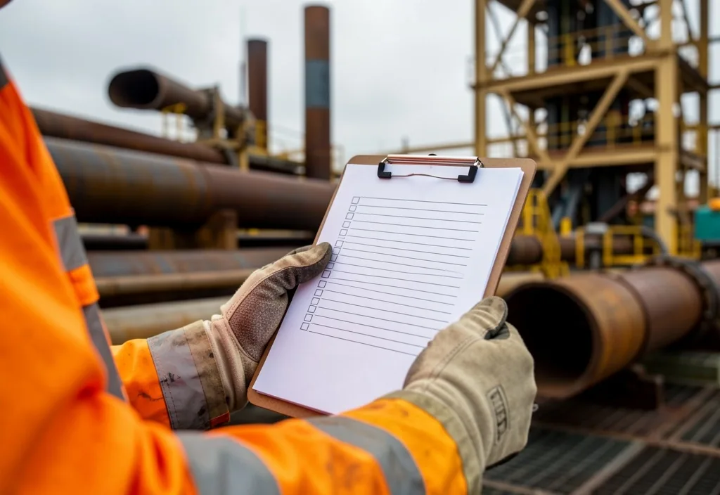Ingeniero de petróleo con portapapeles técnicos en plataforma de perforación