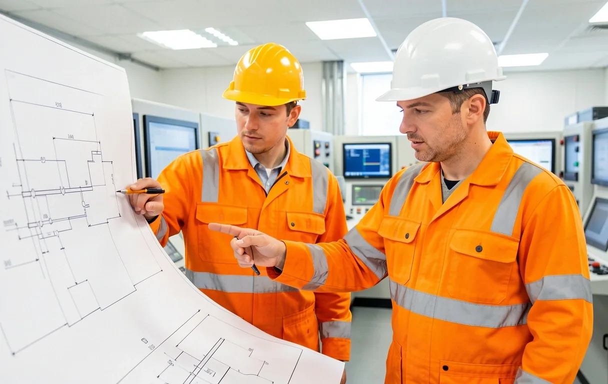 Ingenieros de petróleo revisando un esquema técnico en una sala de control