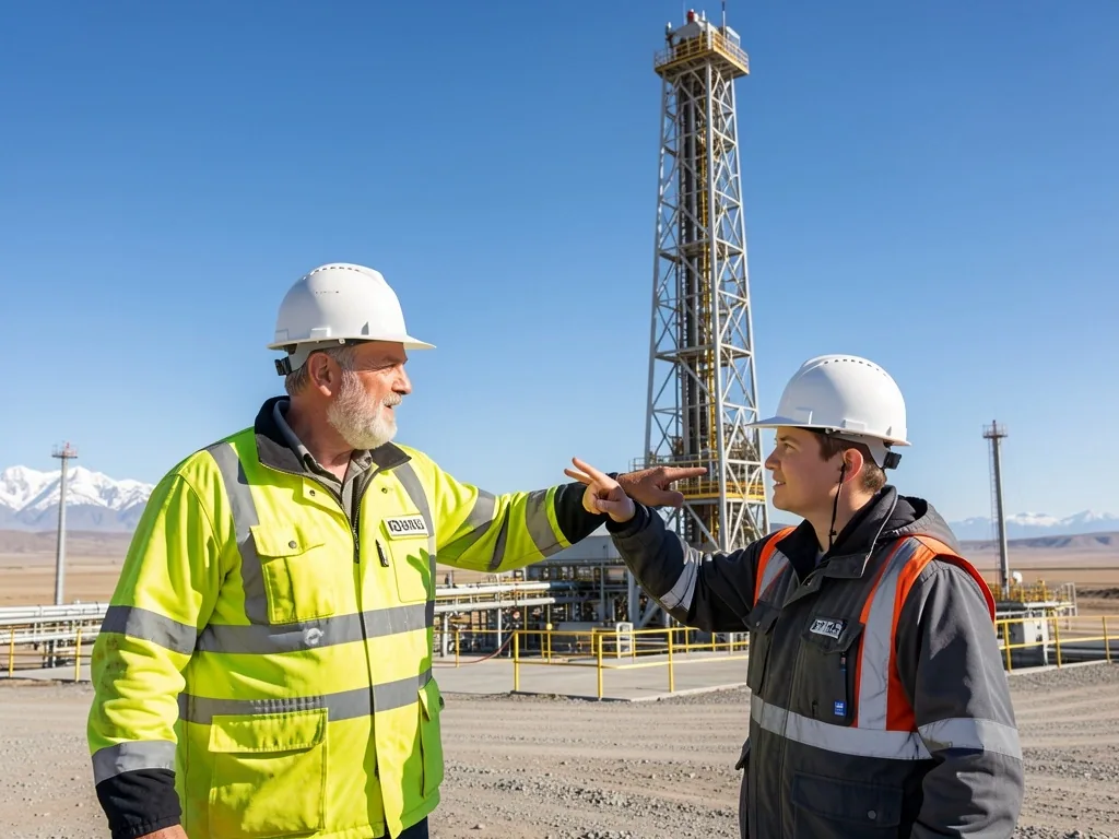 Joven ingeniero recién graduado observando una plataforma de perforación con un mentor