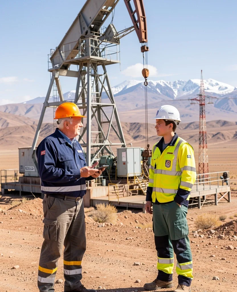 Especialistas en petróleo y gas revisando documentación en un yacimiento