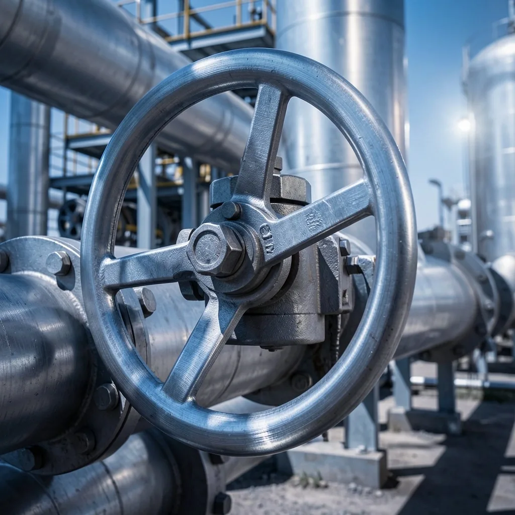 Válvula industrial de alta presión en instalación petrolera