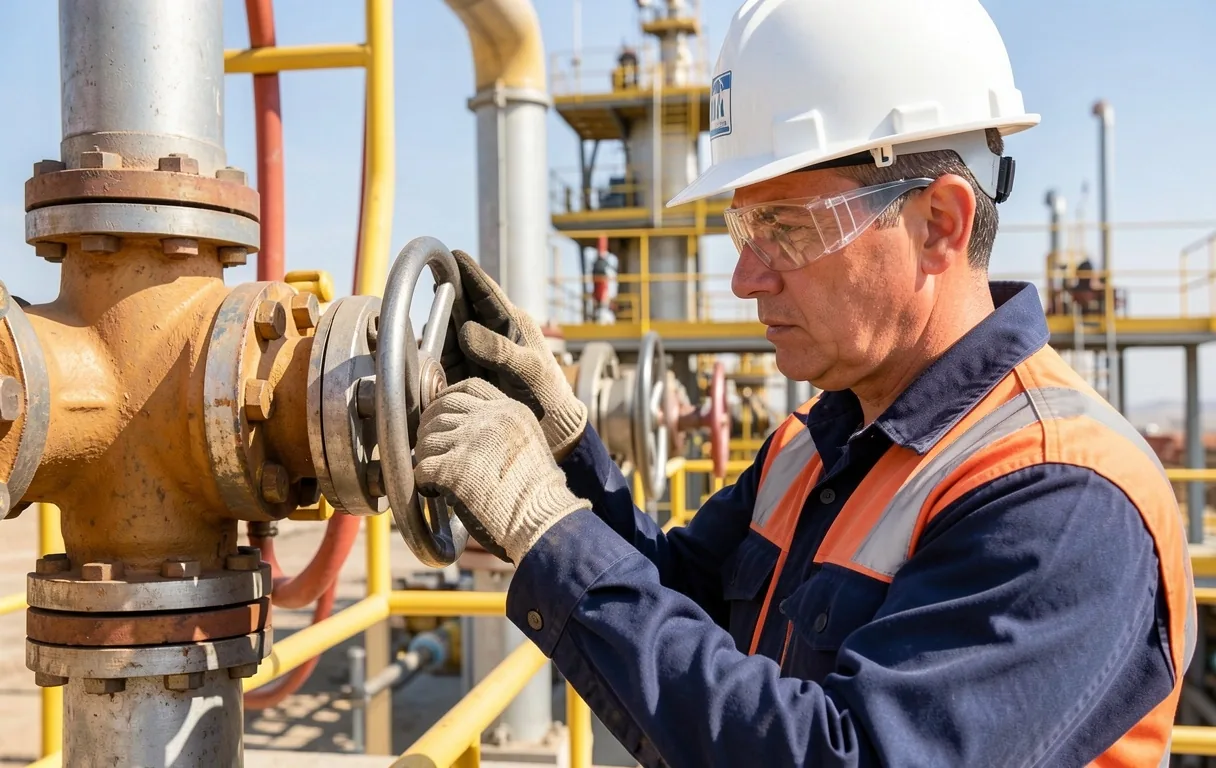 Ingeniero de petróleo inspeccionando wellhead en campo